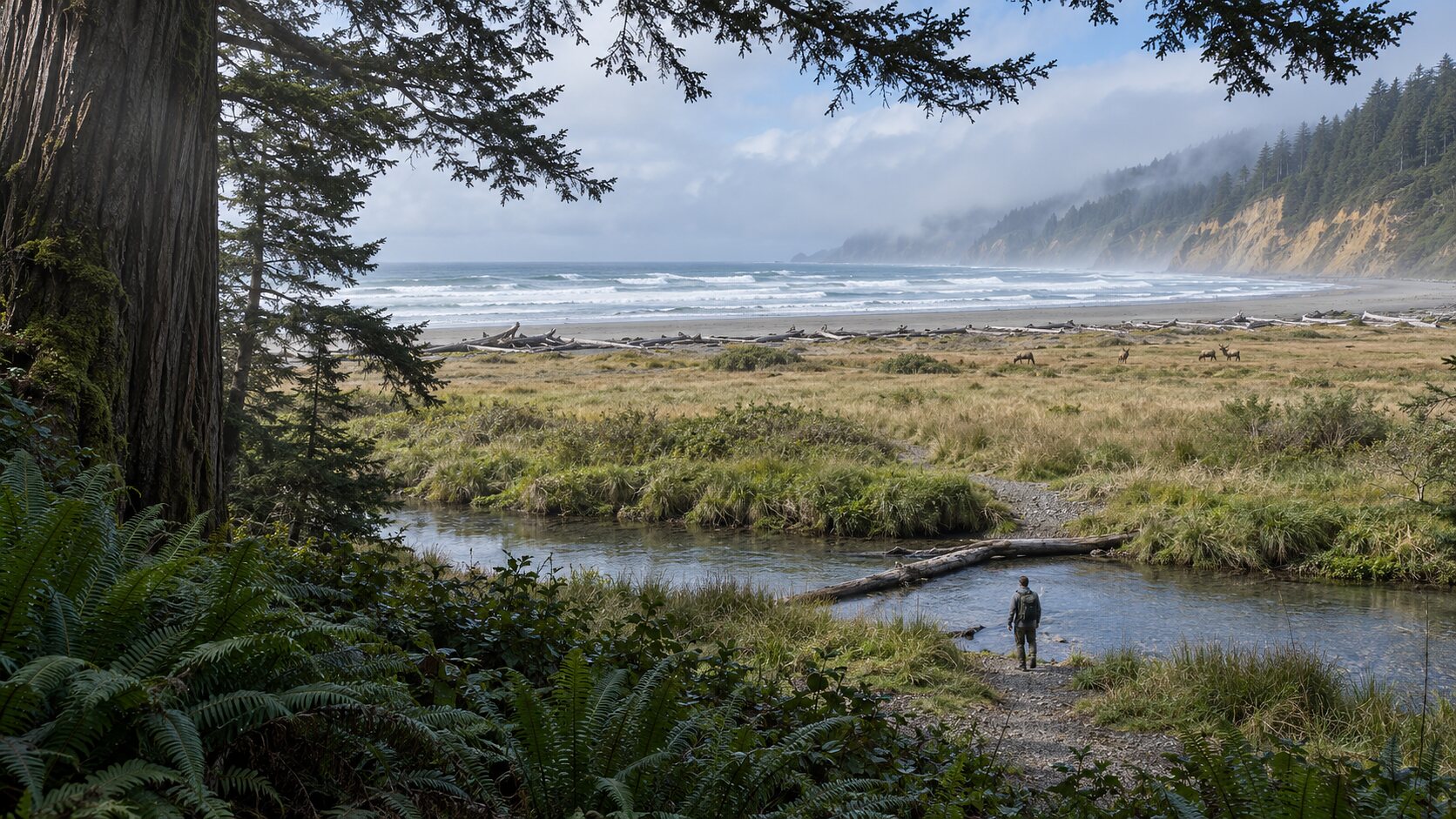 From the edge of a redwood forest, a small figure with a backpack stands at a creek that runs across the path. Beyond it lie a grassy meadow, a long beach, the breaking surf of the Pacific, and pale bluffs running up the coast. The view changes slowly between different weather and moments of the same walk.